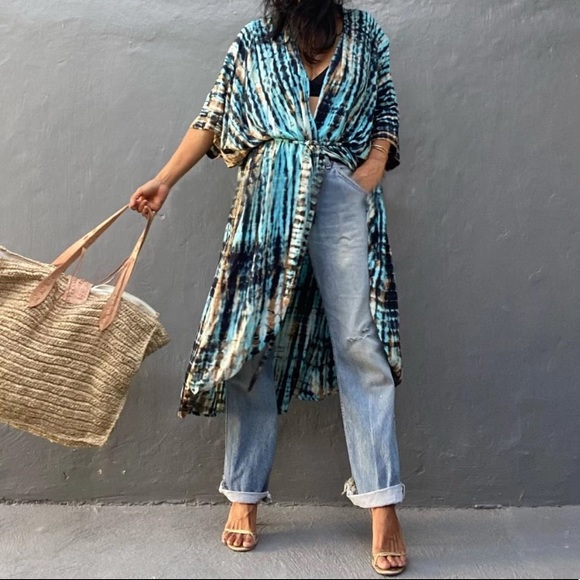 Tie Dye Boho Swim Coverup Kimono Wrap Casual Robe - Picture 6 of 10